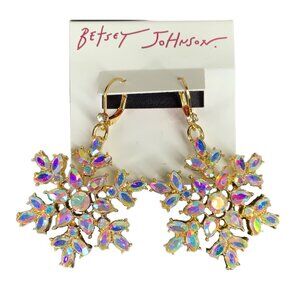 NWT Betsey Johnson Snowflake Sparkle Drop Earrings Iridescent Rhinestones Gold